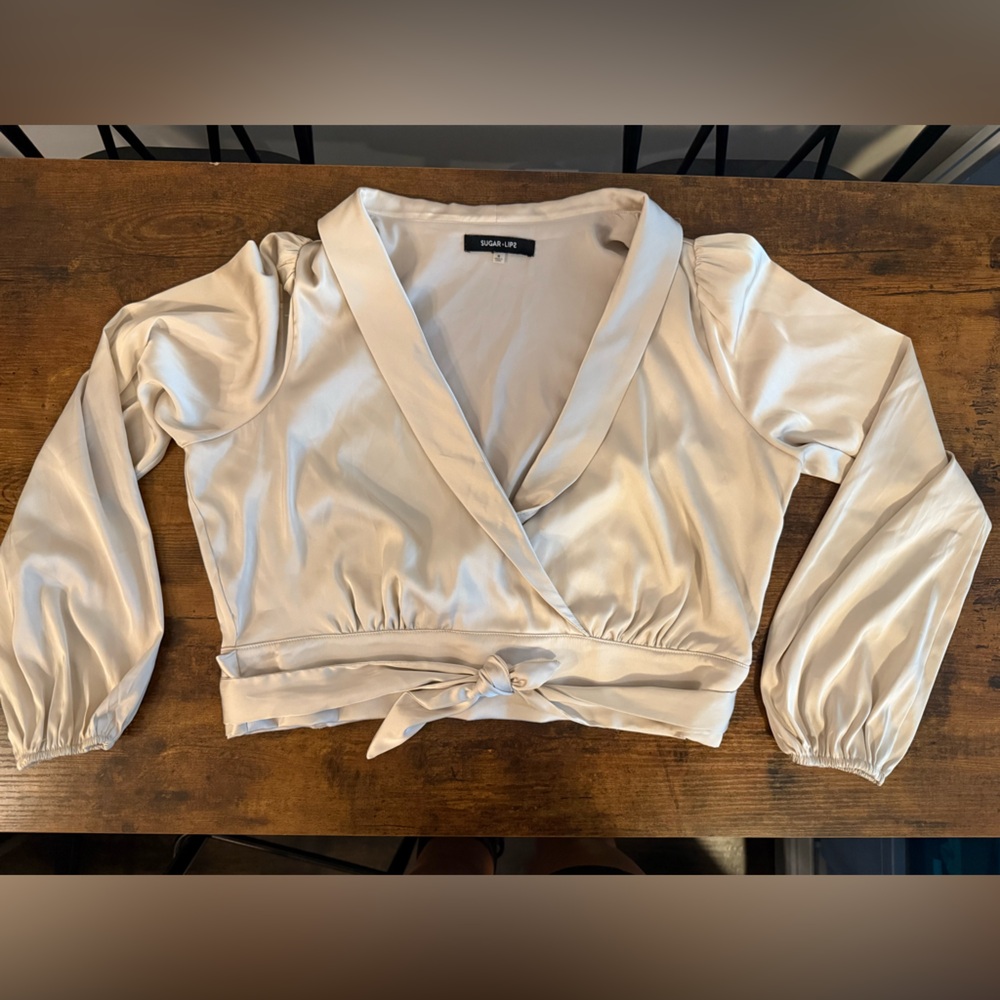 Sugarlips Ivory Satin Wrap Blouse